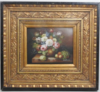 painting of a still life of flowers and fruit in a gold frame