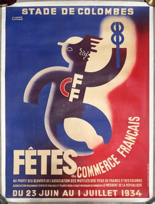 french poster of a teddy bear holding a dollar sign in his right hand