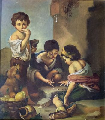 painting of a group of children playing with a dog in a room