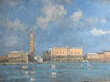 un tableau représentant une vue d'une ville avec une tour horloge
