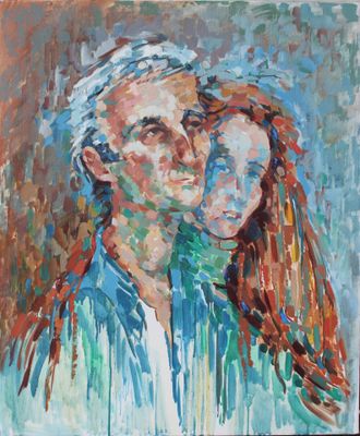 un tableau représentant un homme et une femme en chemise bleue