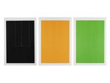 a set of three paintings of different colors on a white background