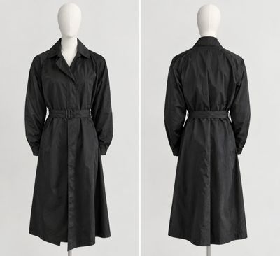 two images of a black trench coat on a mannequin mannequin