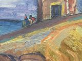 an oil painting of a farm scene with a horse and a barn