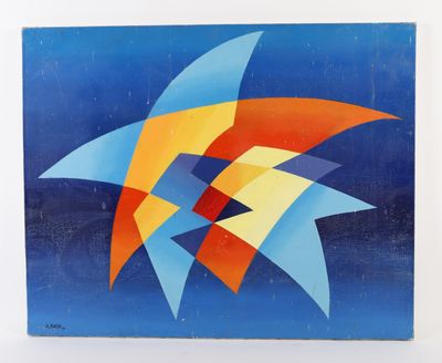 peinture représentant une étoile bleue, orange et jaune sur fond bleu