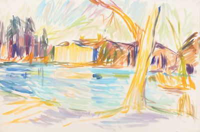 peinture d'un bateau sur un plan d'eau avec un bâtiment en arrière-plan