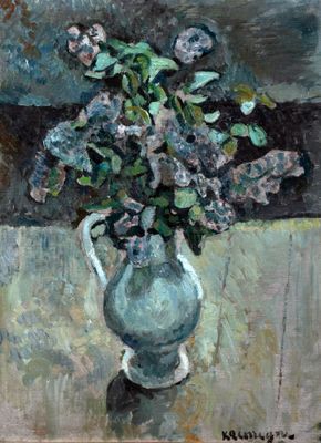 une peinture représentant un vase de fleurs sur une table
