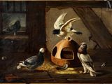 une image représentant une peinture d'un groupe d'oiseaux se nourrissant dans une mangeoire