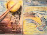painting of a painting of a sun and a boat in the water