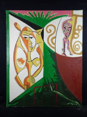 abstract painting of a woman and a cat on a green and red background