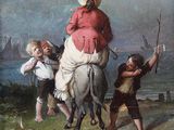 tableau représentant une femme à cheval avec deux enfants et un chien