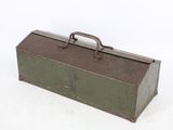 an old metal tool box with a handle on a white background