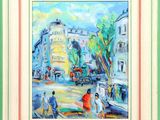 an oil painting of a city street scene with people and cars