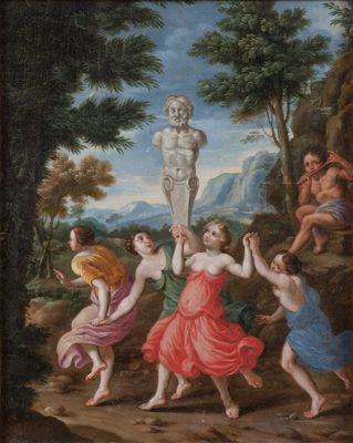 an image of a painting of a group of people dancing around a statue