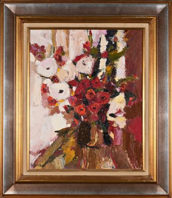 an oil painting of flowers in a vase on a table