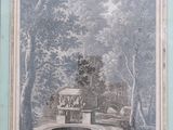 an old picture of a gazebo in a park with trees in the background