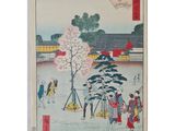 an image of a painting of people in a park with umbrellas