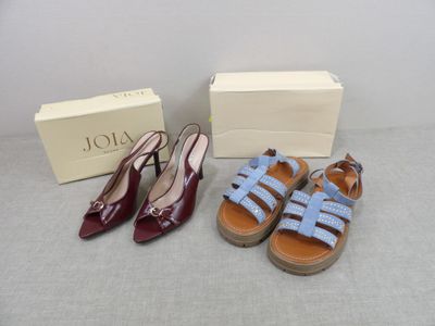 deux paires de sandales et une boîte à chaussures posées sur une table