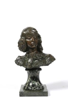 bronze bust of a woman on a pedestal on a white background