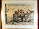 aquarelle encadrée représentant une scène de rue avec des bâtiments et un lampadaire