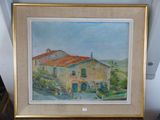 tableau représentant une maison au toit rouge, dans un cadre doré