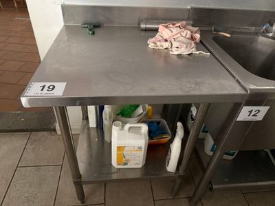 un évier et un plan de travail dans une cuisine où se trouvent de nombreux produits d'entretien