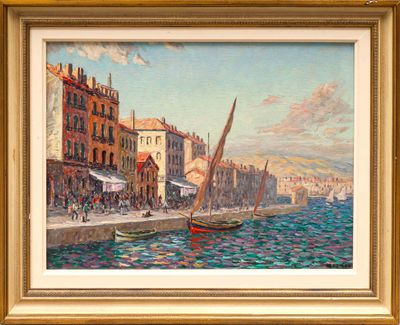 an oil painting of a sailboat on a river with buildings in the background