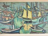 une peinture représentant des bateaux dans un port, avec le ciel en arrière-plan