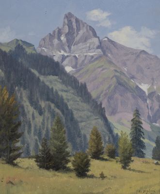 a painting of a mountain range with trees in the foreground