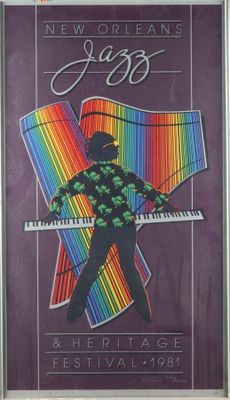 affiche représentant un homme jouant du piano sur fond d'arc-en-ciel