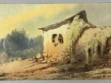 an old painting of a house on a hill with a sky background