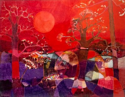 une image représentant un tableau montrant un ciel rouge avec un arbre au premier plan
