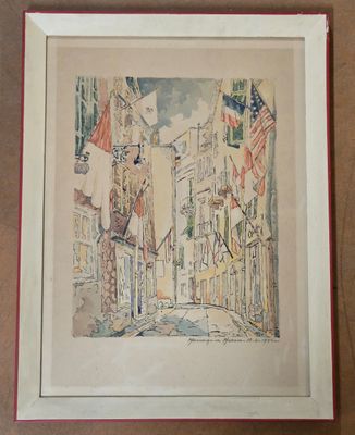 framed watercolor painting of a street scene with flags and buildings