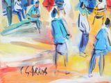 a painting of a group of people walking down the street