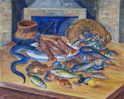 a painting of lobsters and other fish on a table