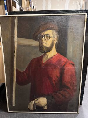 tableau représentant un homme à lunettes et barbu, vêtu d'une chemise rouge