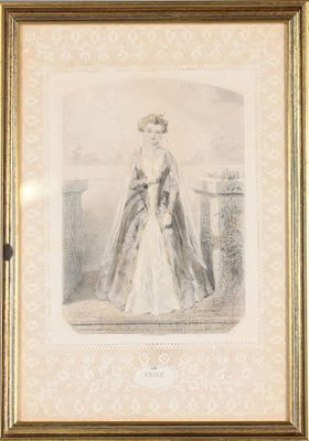 un dessin représentant une femme en robe blanche, dans un cadre doré