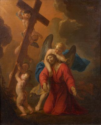 an image of a painting of jesus carrying the cross with angels