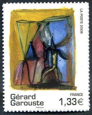 postage stamp with a painting of a man and a woman on a window sill