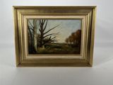 a painting of a tree in a field with a sky in the background