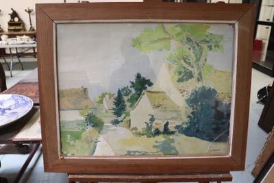 a picture of a painting on a easel in a room