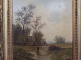 une peinture à l'huile représentant un homme marchant sur un chemin de terre près d'un arbre