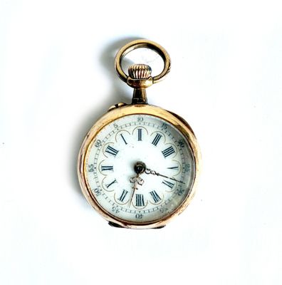 a gold pocket watch with roman numerals on the face