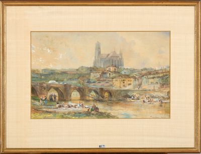Aquarelle et gouache sur papier "Les Lavandières à Limoges".