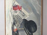 a painting on the wall of a room with a hat on it