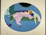 painting of a woman laying on a couch with a rose in her lap