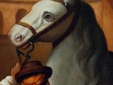 painting of a white horse being held by a man in a stable