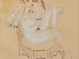 tableau représentant une femme assise sur une chaise, portant un collier autour du cou