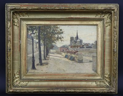 une peinture à l'huile représentant une scène de rue avec un banc et un lampadaire