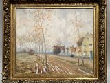 an oil painting of a country road with houses in the background